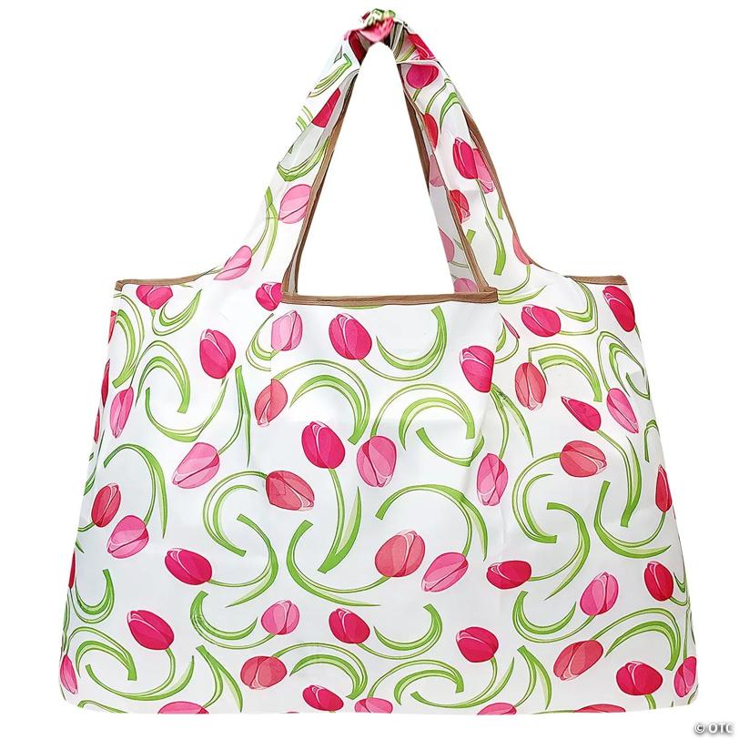 Wrapables Large Foldable Tote Nylon Reusable Grocery Bags, Pink Tulips