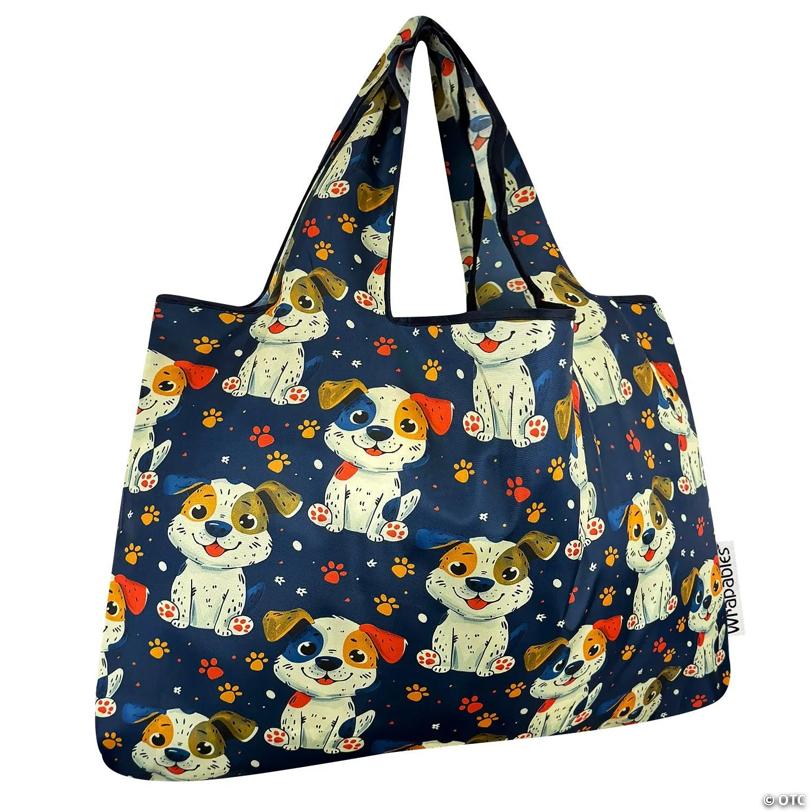 Wrapables Large Foldable Tote Nylon Reusable Grocery Bags, Puppies and Paws