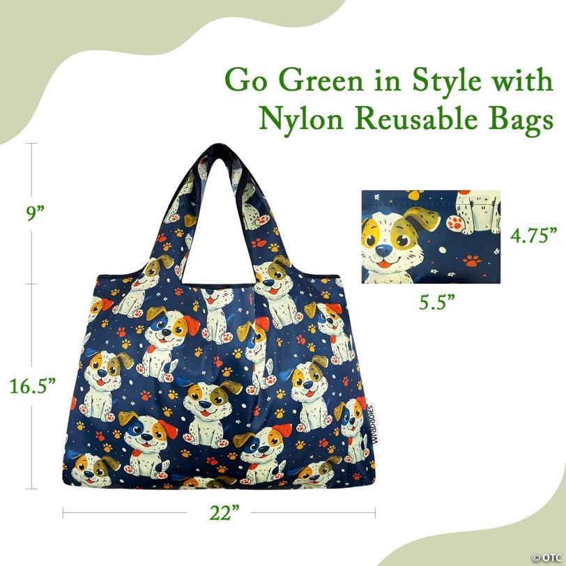 Wrapables Large Foldable Tote Nylon Reusable Grocery Bags, Puppies and Paws