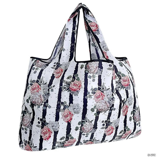 Wrapables Large Foldable Tote Nylon Reusable Grocery Bags, Rose & Stripes