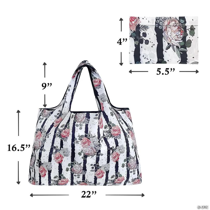 Wrapables Large Foldable Tote Nylon Reusable Grocery Bags, Rose & Stripes