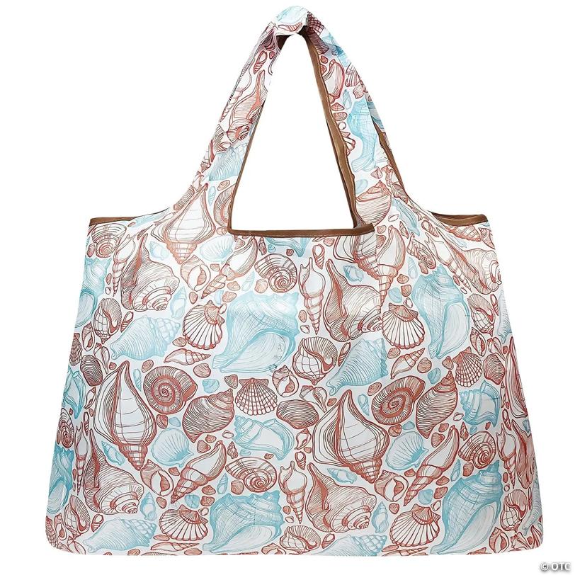 Wrapables Large Foldable Tote Nylon Reusable Grocery Bags, Seashells