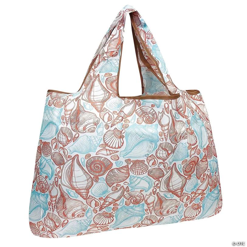 Wrapables Large Foldable Tote Nylon Reusable Grocery Bags, Seashells
