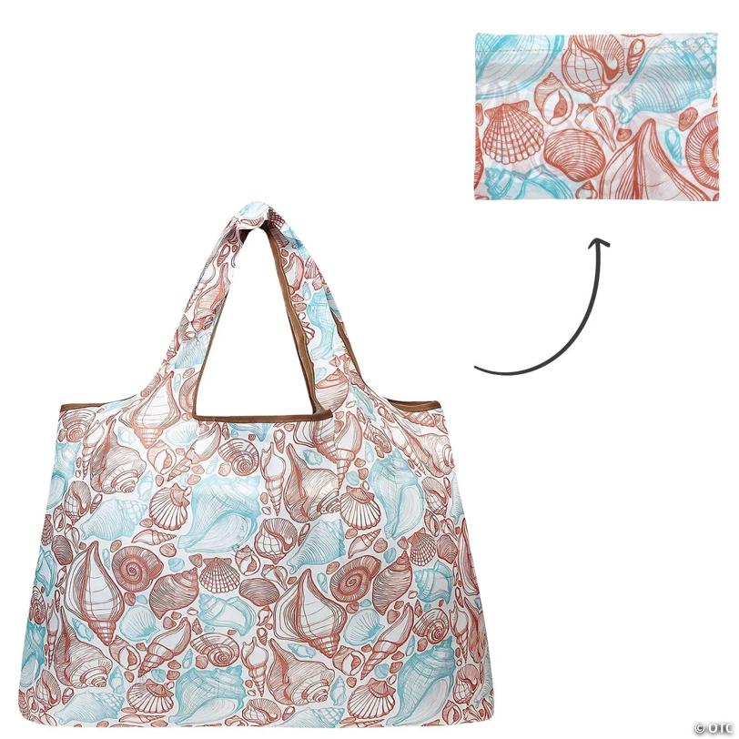 Wrapables Large Foldable Tote Nylon Reusable Grocery Bags, Seashells