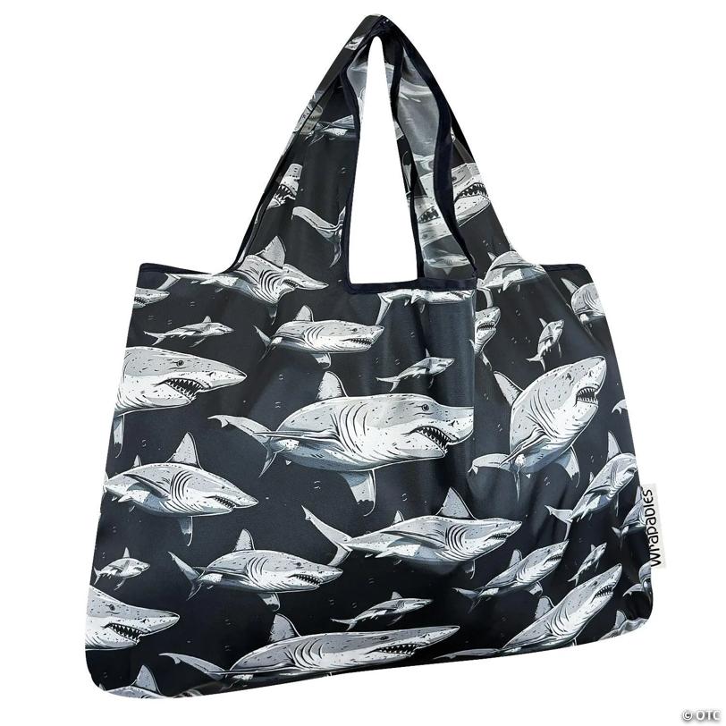 Wrapables Large Foldable Tote Nylon Reusable Grocery Bags, Sharks in Black