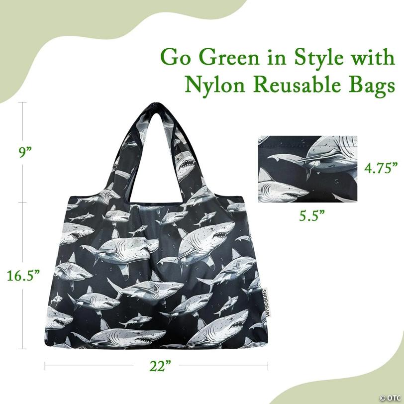 Wrapables Large Foldable Tote Nylon Reusable Grocery Bags, Sharks in Black