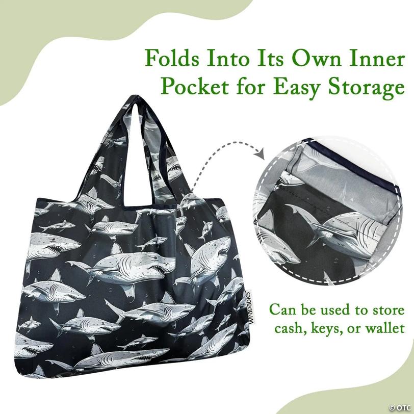 Wrapables Large Foldable Tote Nylon Reusable Grocery Bags, Sharks in Black