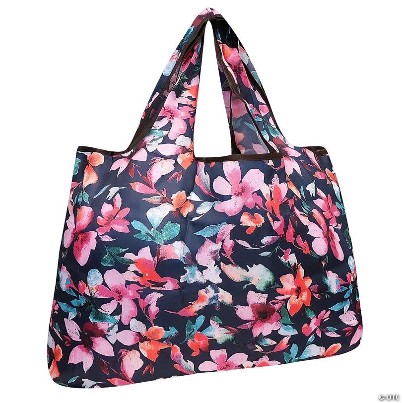 Wrapables Large Foldable Tote Nylon Reusable Grocery Bags, Tropical Flowers