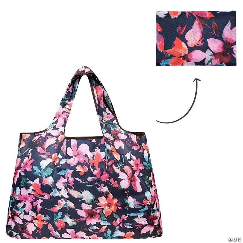 Wrapables Large Foldable Tote Nylon Reusable Grocery Bags, Tropical Flowers