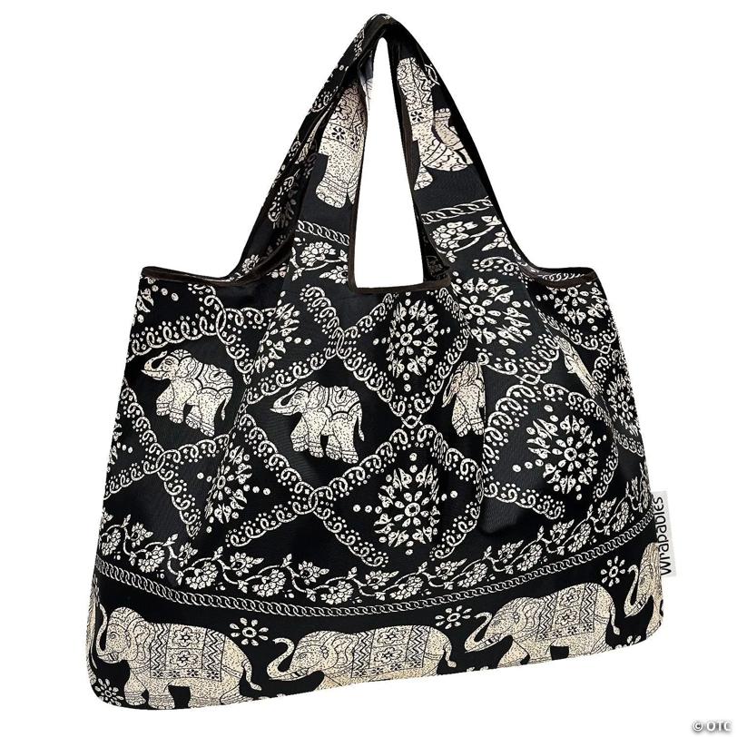 Wrapables Large Nylon Reusable Shopping Bag, Black Regal Elephants