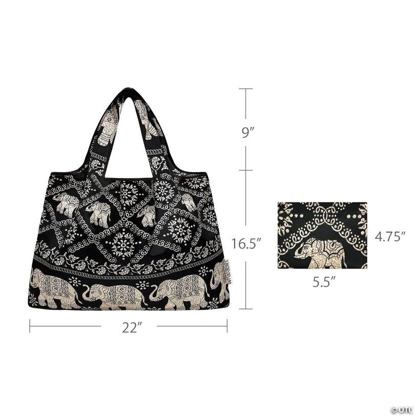 Wrapables Large Nylon Reusable Shopping Bag, Black Regal Elephants