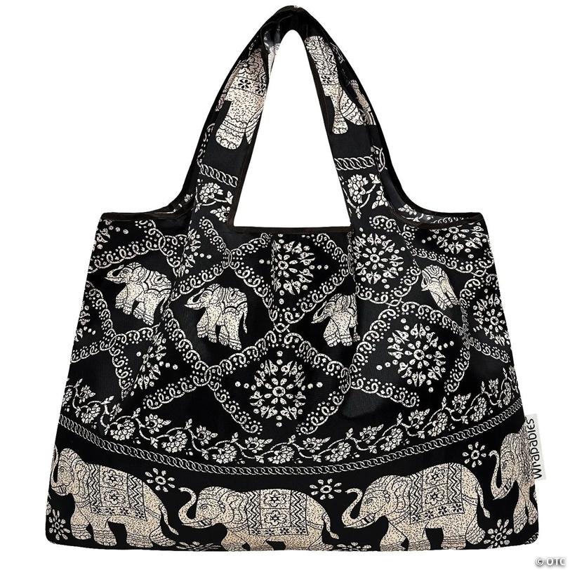 Wrapables Large Nylon Reusable Shopping Bag, Black Regal Elephants