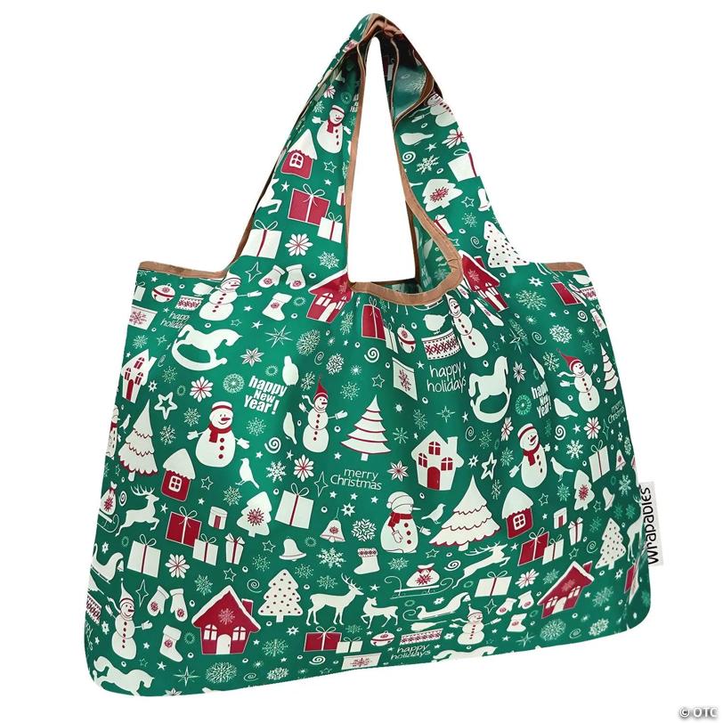 Wrapables Large Nylon Reusable Shopping Bag, Christmas Green