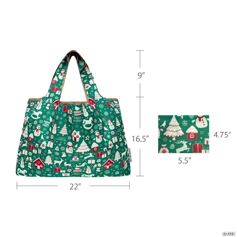 Wrapables Large Nylon Reusable Shopping Bag, Christmas Green