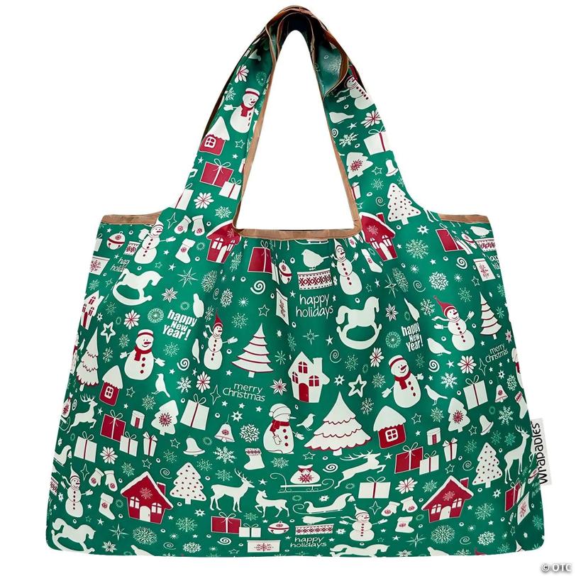 Wrapables Large Nylon Reusable Shopping Bag, Christmas Green