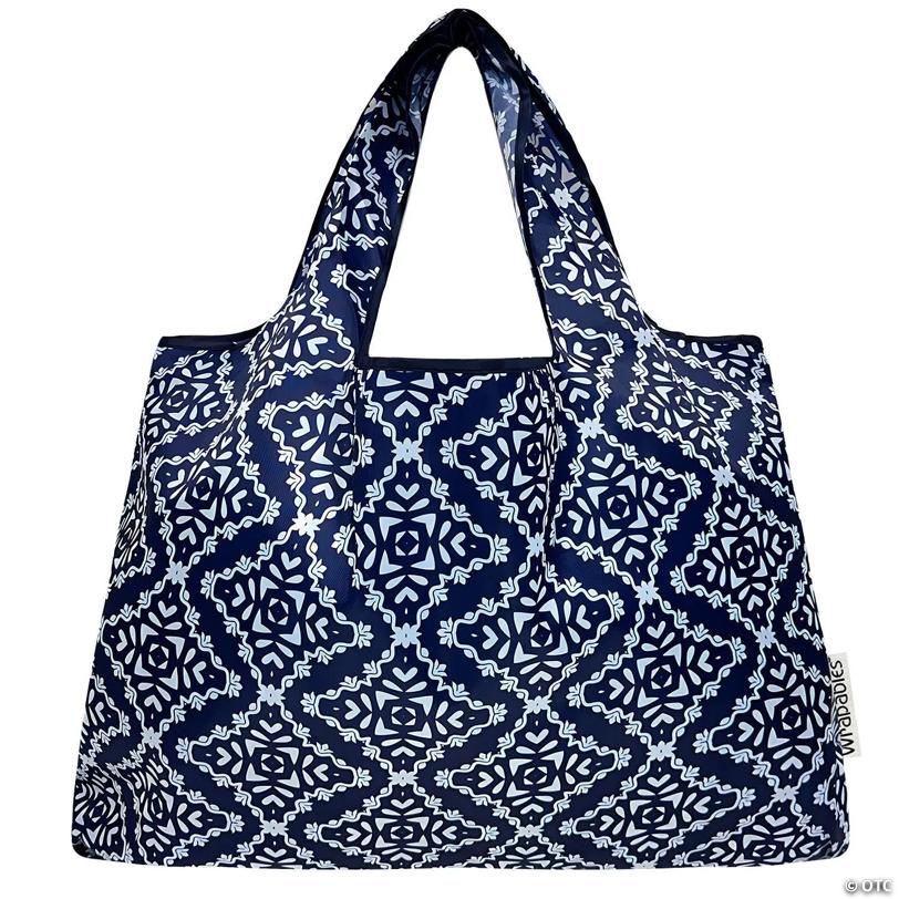 Wrapables Large Nylon Reusable Shopping Bag, Navy Deco