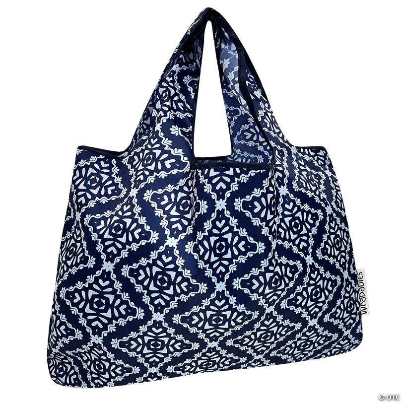 Wrapables Large Nylon Reusable Shopping Bag, Navy Deco