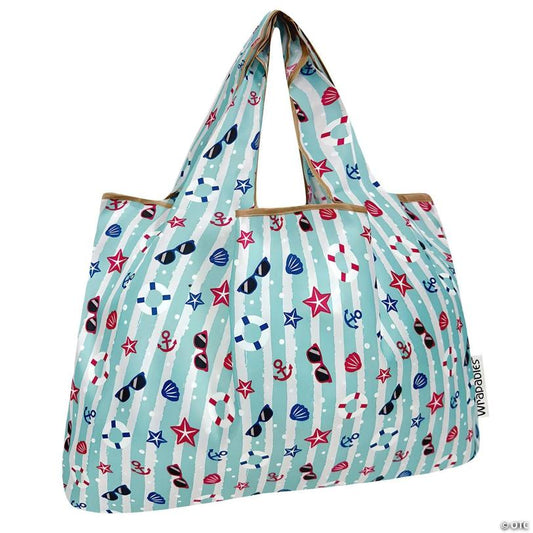 Wrapables Large Nylon Reusable Shopping Bag, Ocean Fun