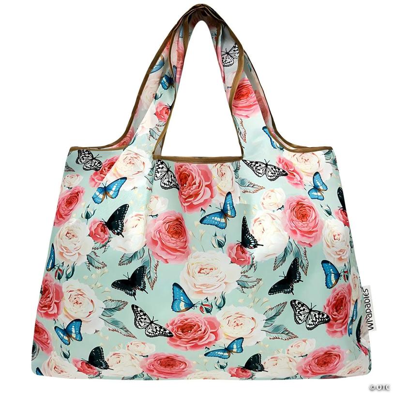 Wrapables Large Nylon Reusable Shopping Bag, Rose and Butterfly