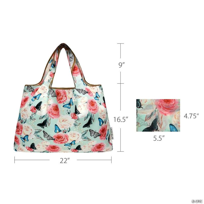 Wrapables Large Nylon Reusable Shopping Bag, Rose and Butterfly