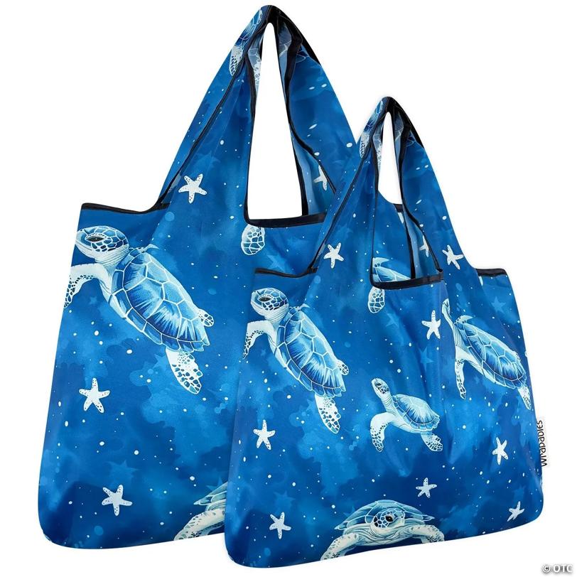 Wrapables Large & Small Foldable Tote Nylon Reusable Grocery Bags, Set of 2, Astro Turtles