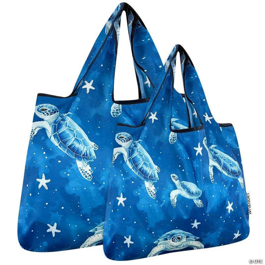 Wrapables Large & Small Foldable Tote Nylon Reusable Grocery Bags, Set of 2, Astro Turtles
