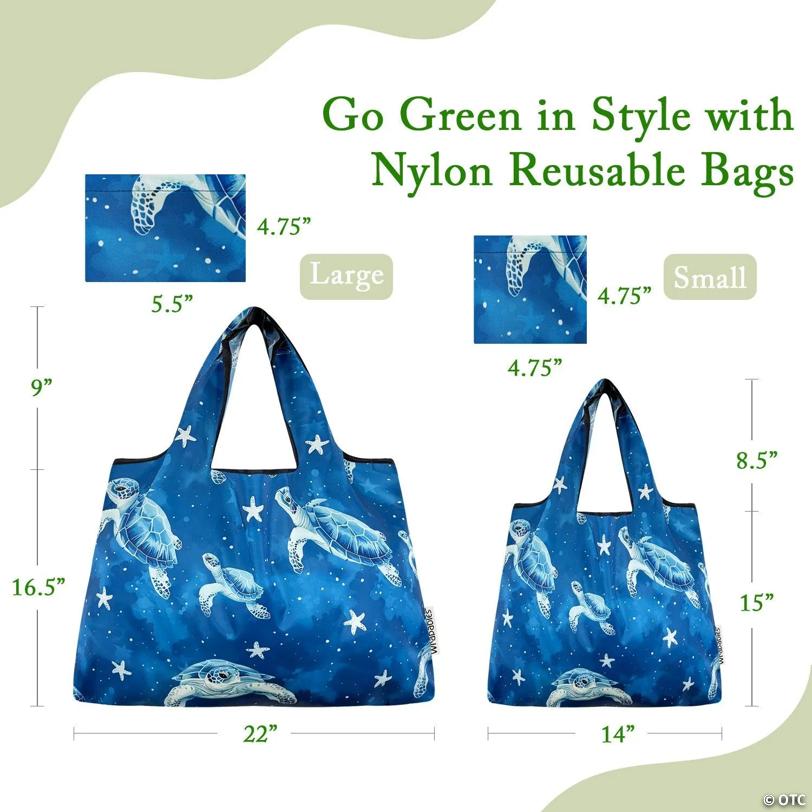 Wrapables Large & Small Foldable Tote Nylon Reusable Grocery Bags, Set of 2, Astro Turtles