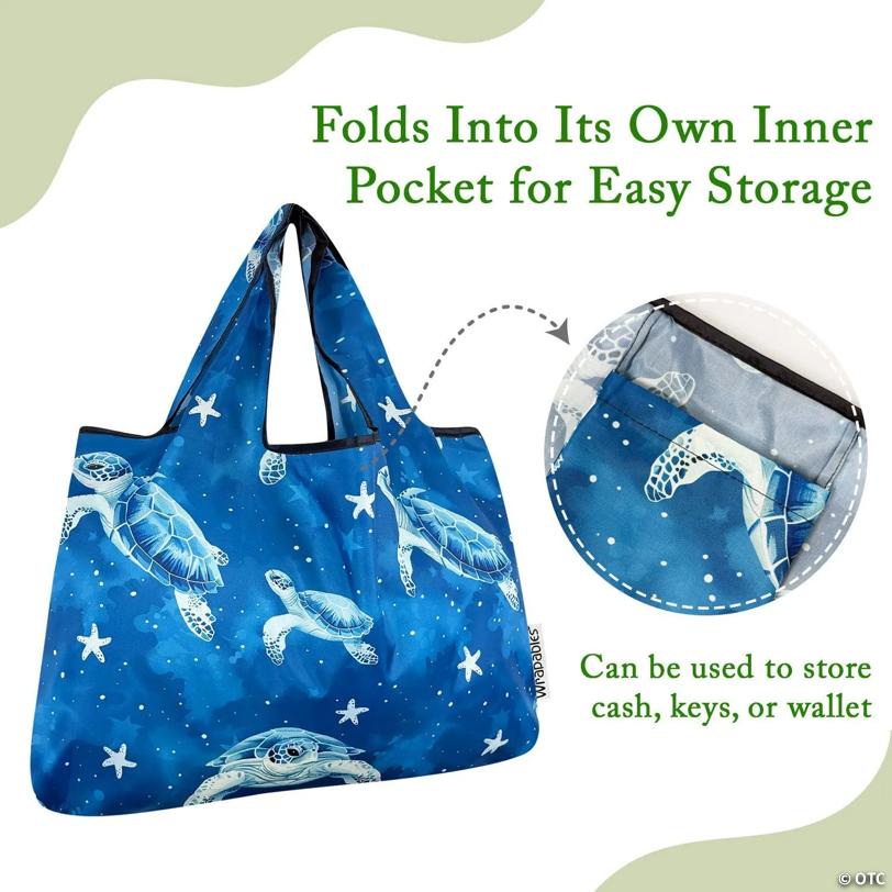 Wrapables Large & Small Foldable Tote Nylon Reusable Grocery Bags, Set of 2, Astro Turtles