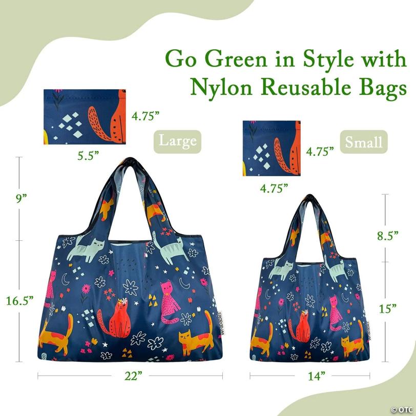 Wrapables Large & Small Foldable Tote Nylon Reusable Grocery Bags, Set of 2, Cute Kitties on Blue