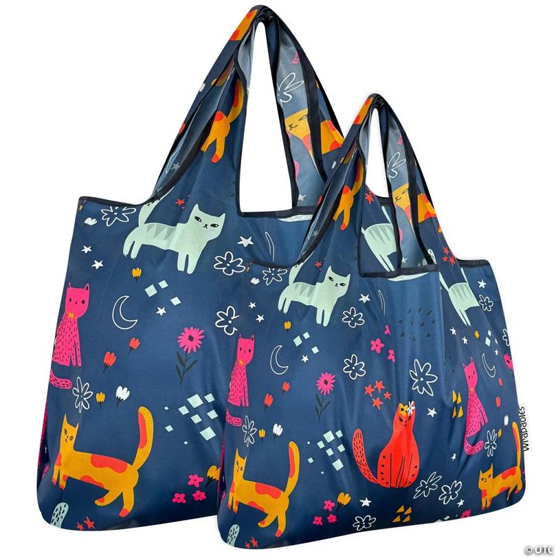 Wrapables Large & Small Foldable Tote Nylon Reusable Grocery Bags, Set of 2, Cute Kitties on Blue