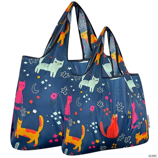 Wrapables Large & Small Foldable Tote Nylon Reusable Grocery Bags, Set of 2, Cute Kitties on Blue