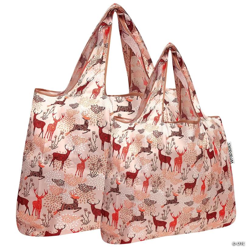 Wrapables Large & Small Foldable Tote Nylon Reusable Grocery Bags, Set of 2, Deer