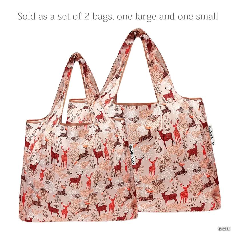 Wrapables Large & Small Foldable Tote Nylon Reusable Grocery Bags, Set of 2, Deer