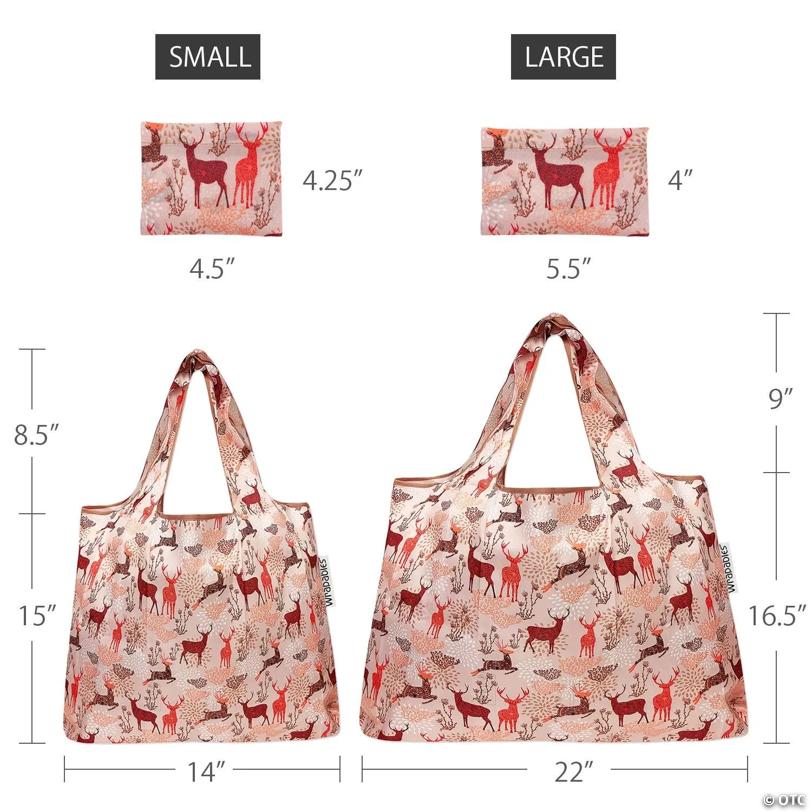 Wrapables Large & Small Foldable Tote Nylon Reusable Grocery Bags, Set of 2, Deer