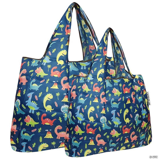 Wrapables Large & Small Foldable Tote Nylon Reusable Grocery Bags, Set of 2, Dinosaurs