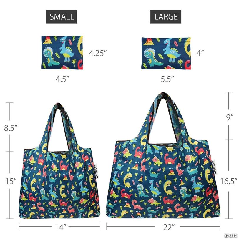 Wrapables Large & Small Foldable Tote Nylon Reusable Grocery Bags, Set of 2, Dinosaurs