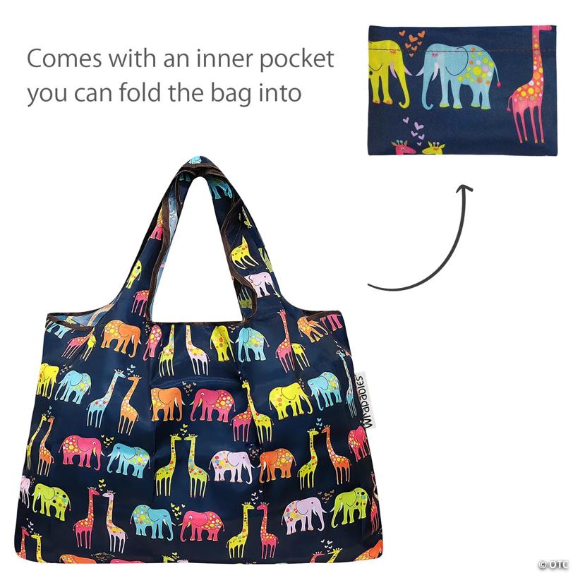 Wrapables Large & Small Foldable Tote Nylon Reusable Grocery Bags, Set of 2, Elephants & Giraffes