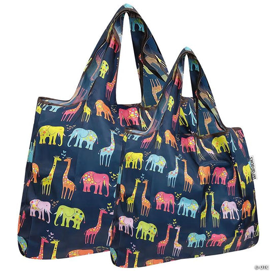 Wrapables Large & Small Foldable Tote Nylon Reusable Grocery Bags, Set of 2, Elephants & Giraffes
