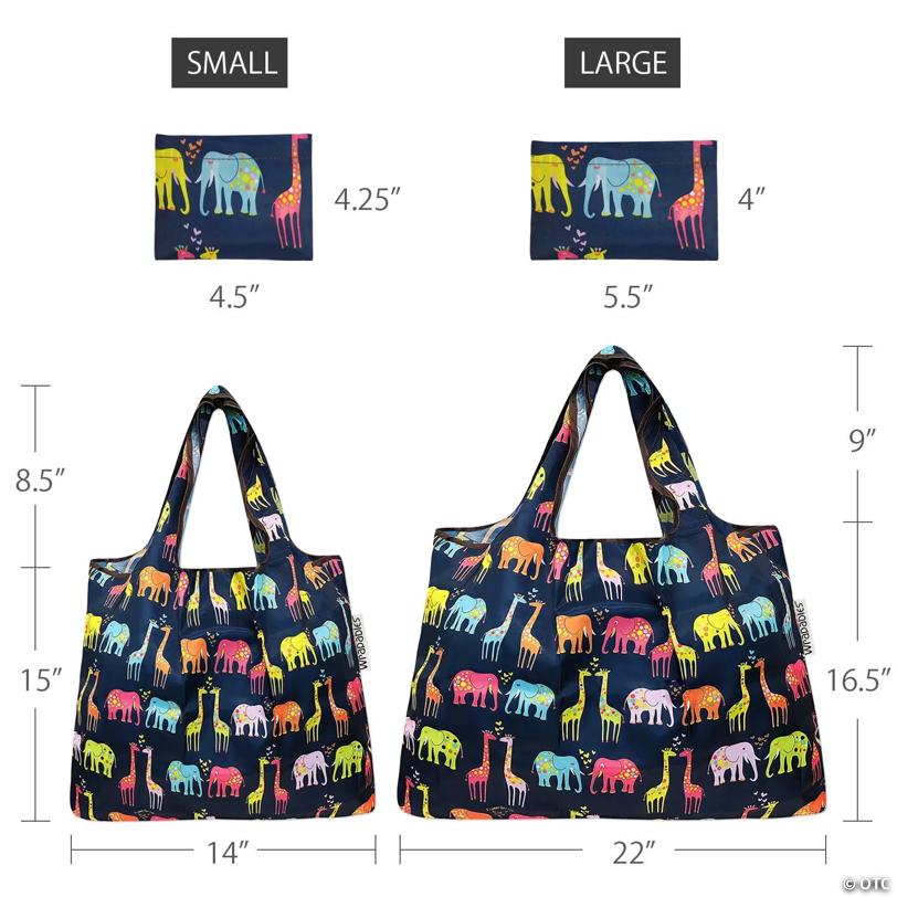 Wrapables Large & Small Foldable Tote Nylon Reusable Grocery Bags, Set of 2, Elephants & Giraffes