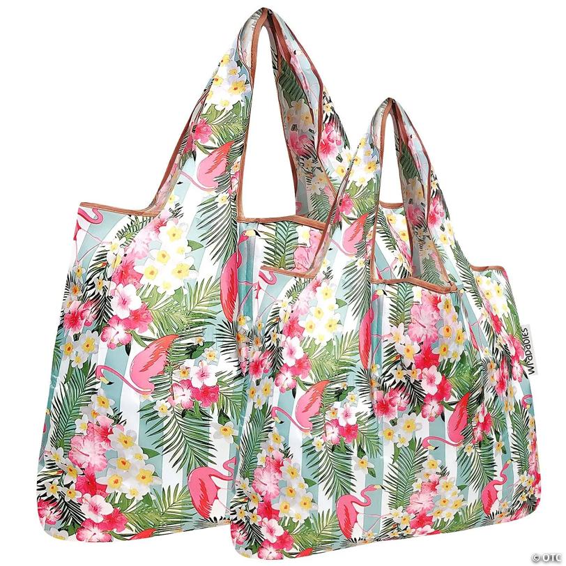 Wrapables Large & Small Foldable Tote Nylon Reusable Grocery Bags, Set of 2, Flamingos & Tropical Flowers