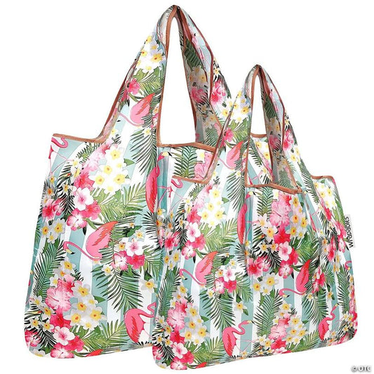 Wrapables Large & Small Foldable Tote Nylon Reusable Grocery Bags, Set of 2, Flamingos & Tropical Flowers