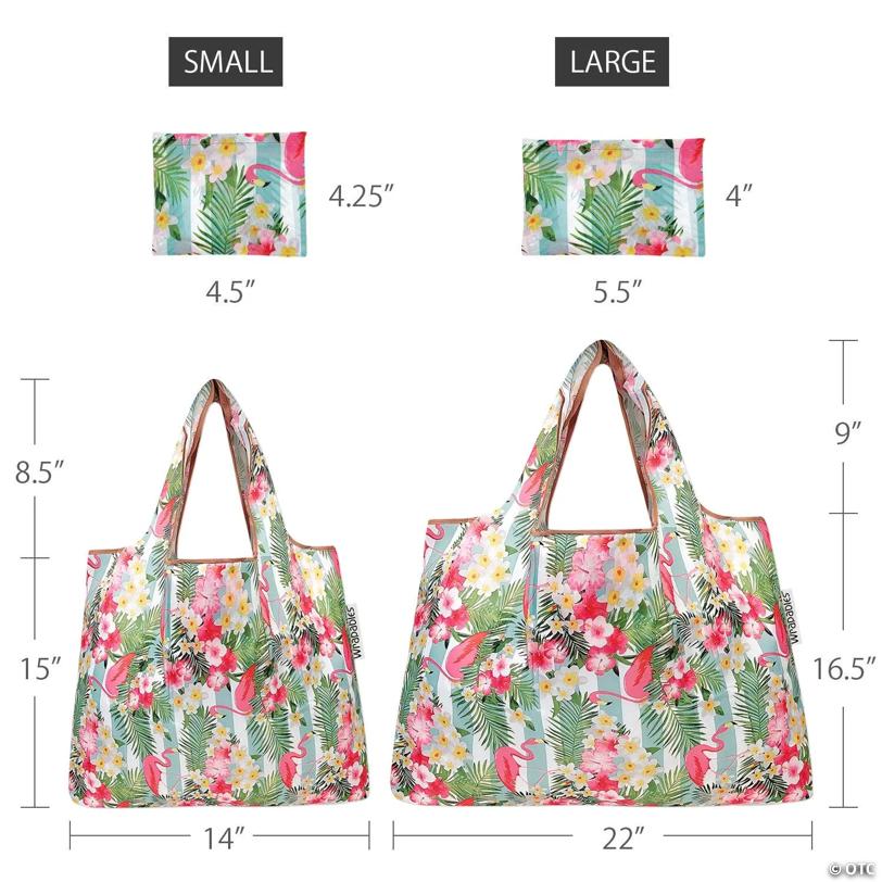 Wrapables Large & Small Foldable Tote Nylon Reusable Grocery Bags, Set of 2, Flamingos & Tropical Flowers
