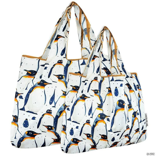 Wrapables Large & Small Foldable Tote Nylon Reusable Grocery Bags, Set of 2, King Penguin