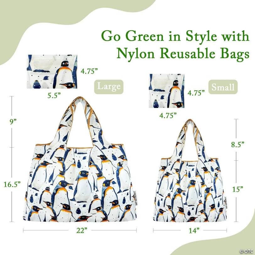 Wrapables Large & Small Foldable Tote Nylon Reusable Grocery Bags, Set of 2, King Penguin