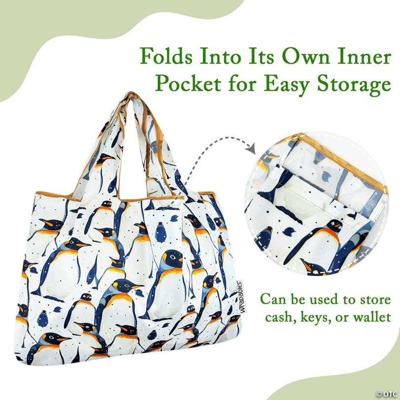 Wrapables Large & Small Foldable Tote Nylon Reusable Grocery Bags, Set of 2, King Penguin