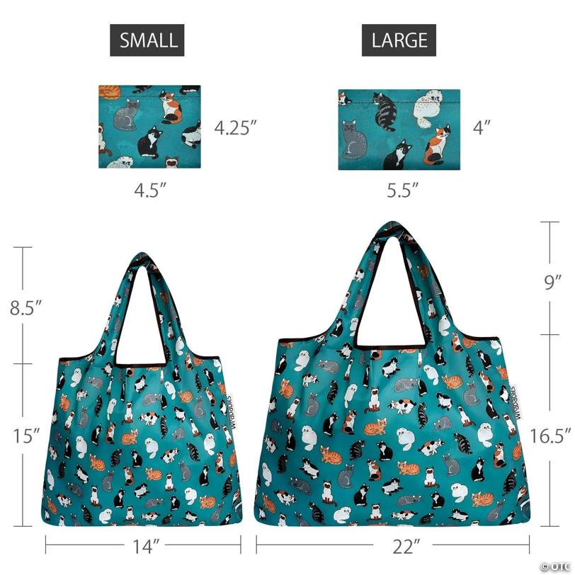 Wrapables Large & Small Foldable Tote Nylon Reusable Grocery Bags, Set of 2, Kitties Everywhere