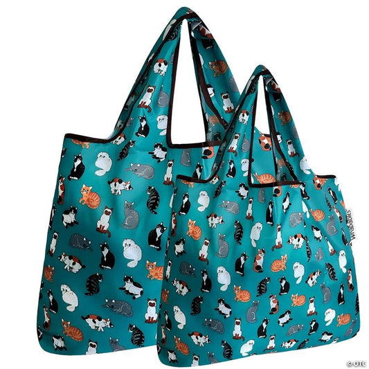 Wrapables Large & Small Foldable Tote Nylon Reusable Grocery Bags, Set of 2, Kitties Everywhere