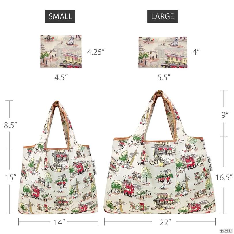 Wrapables Large & Small Foldable Tote Nylon Reusable Grocery Bags, Set of 2, London