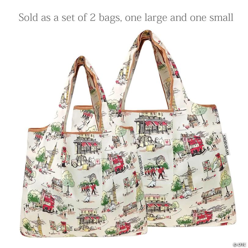 Wrapables Large & Small Foldable Tote Nylon Reusable Grocery Bags, Set of 2, London
