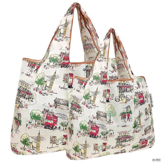 Wrapables Large & Small Foldable Tote Nylon Reusable Grocery Bags, Set of 2, London